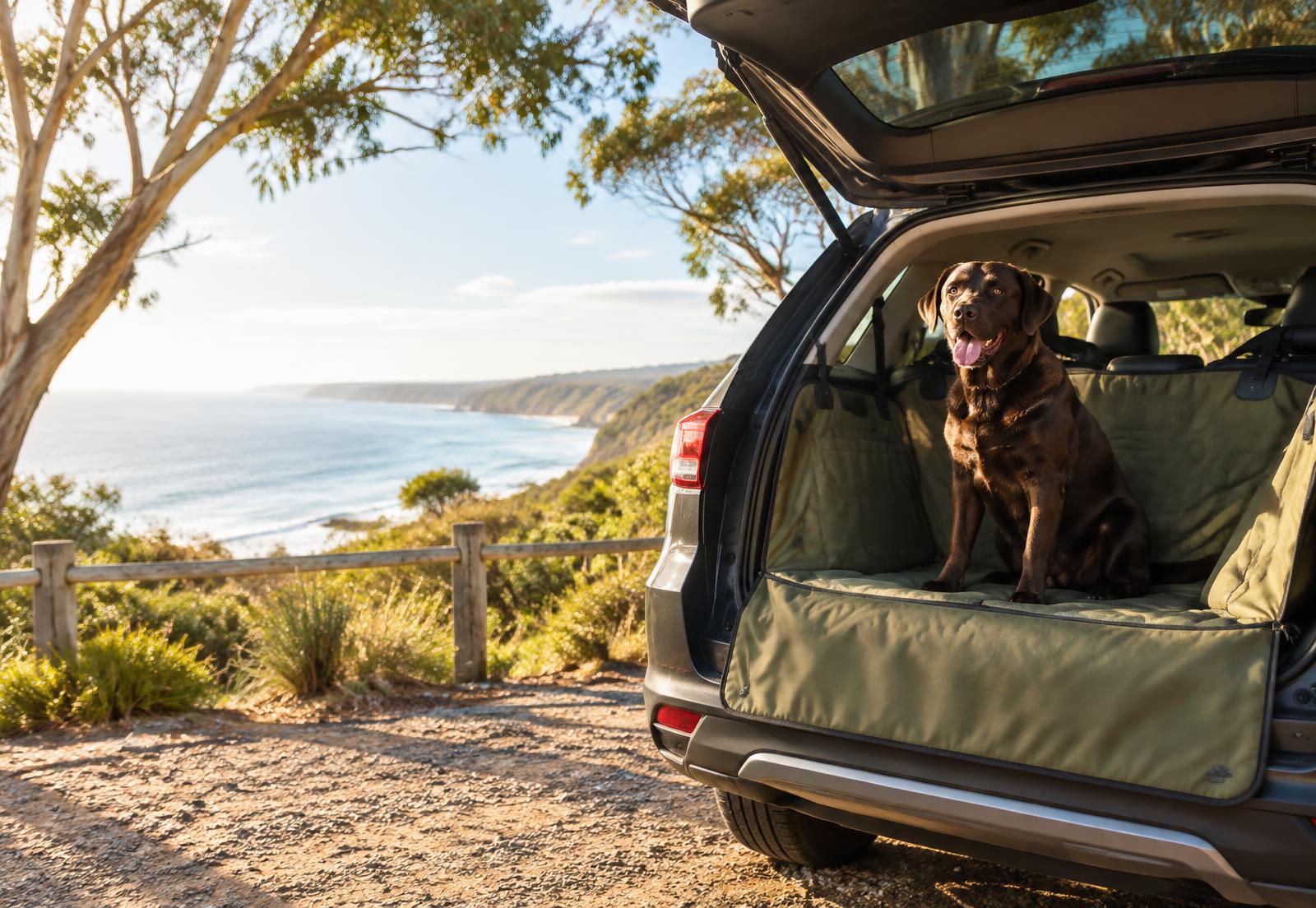 Dog ready for a coastal road trip